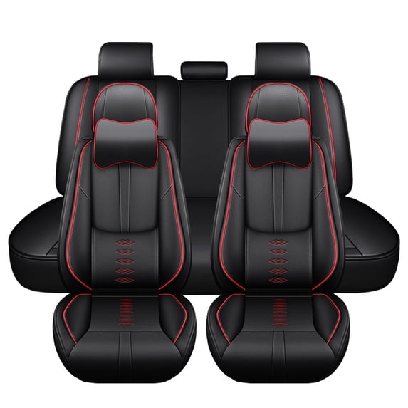 Leather Seat Covers for Nissan Most 98% Cars SUVs,Car Seat Covers Full Set,Waterproof Car Seat Protectors with Airbag,Comfort Interior Cover Seats for Cars(Black+Red,Pillows)
