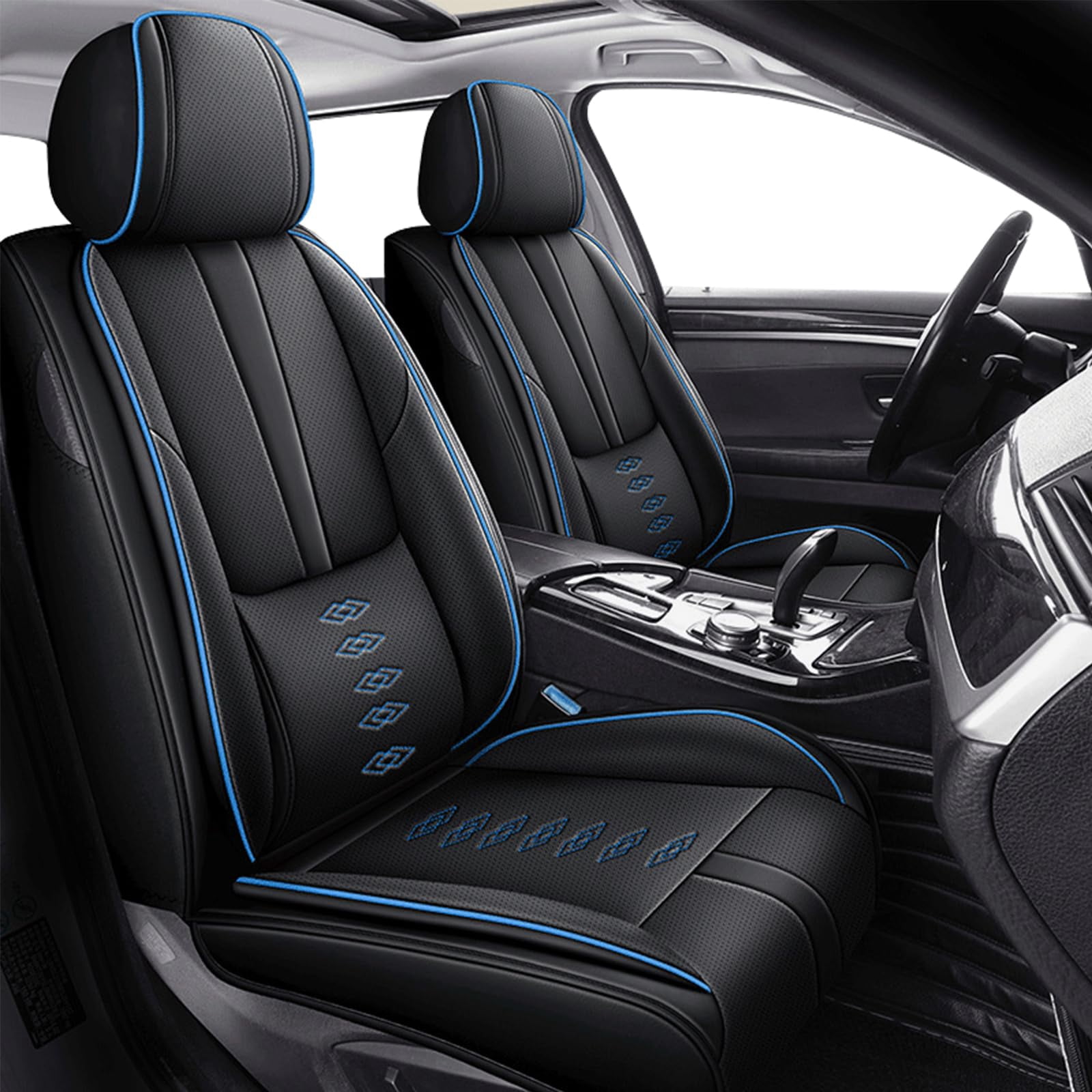 Leather Seat Covers for Nissan Most 98% Cars SUVs,Premium Car Seat Covers Front Set,Waterproof Car Seat Protectors with Airbag,Comfort Interior Cover Seats for Cars(Black+Blue)