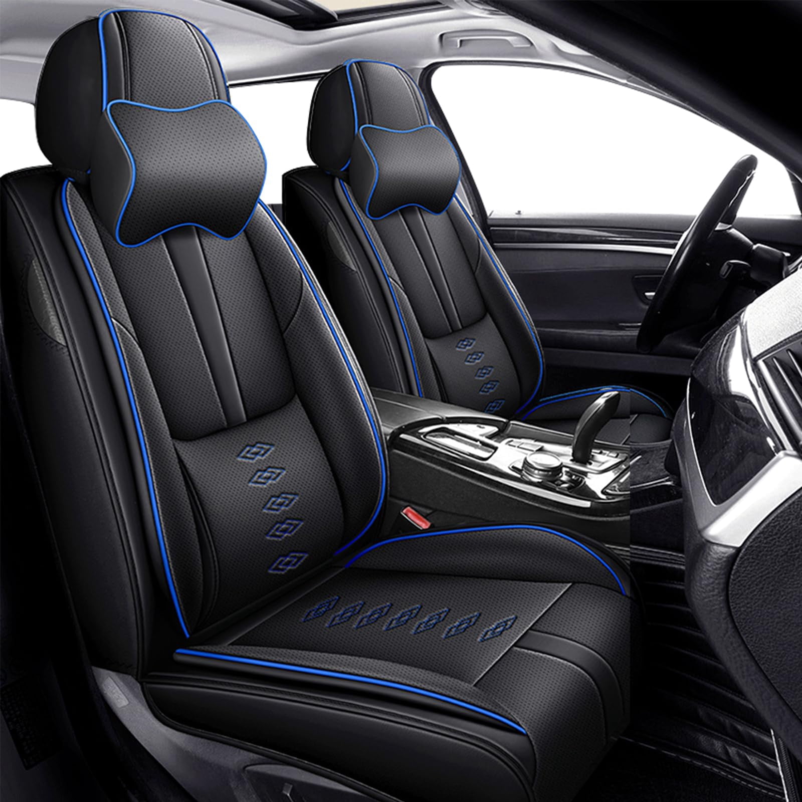 Leather Seat Covers for Subaru Most 98% Cars SUVs,Car Seat Covers Front Set,Waterproof Car Seat Protectors with Airbag,Comfort Interior Cover Seats for Cars(Black+Blue,Pillows)