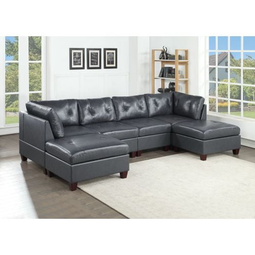 Leather Sectional Sofa, U-Shaped Convertible Modular Sofa Set with 2 Corner Wedges, 2 Armless Chairs and 2 Ottomans, Upholstered Couch with Wood Legs for Living Room Office, Black
