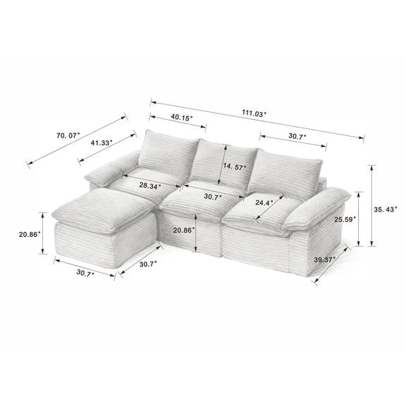 Leather Sectionals, Modern corduroy cloud sofa, can be freely combined and has a comfortable sitting experience, suitable for modern living room furniture in homes, apartments, and offices