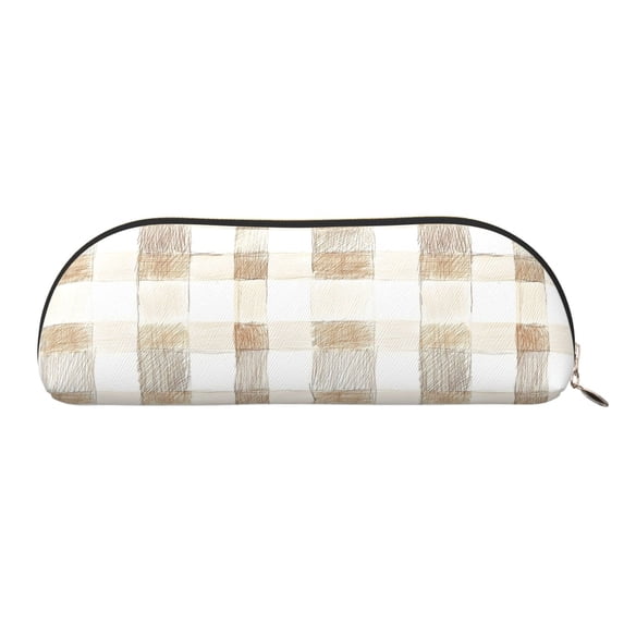 Leather Semi-Circular Storage Bag 7.5×2.6×1.4in Single Pocket Design Semi-Circular Shape Can Be Used As A Storage Pen Makeup Bag Beige Checked Hand-Drawn Sketch_2