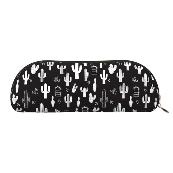 Leather Semi-Circular Storage Bag 7.52.61.4in Single Pocket Design Semi-Circular Shape Can Be Used As A Storage Pen Makeup Bag Black Background Of Cactus