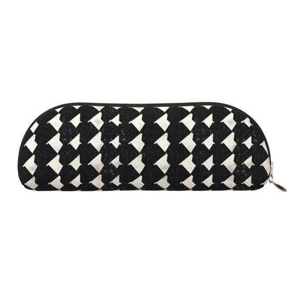 Leather Semi-Circular Storage Bag 7.5×2.6×1.4in Single Pocket Design Semi-Circular Shape Can Be Used As A Storage Pen Makeup Bag Black Houndstooth Vintage Texture_3