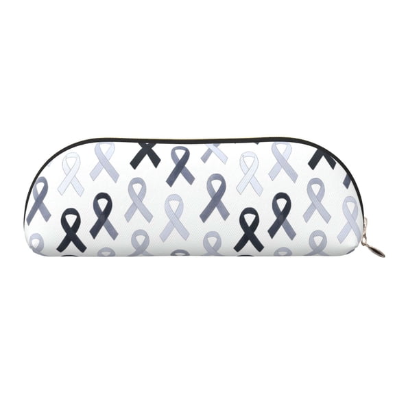 Leather Semi-Circular Storage Bag 7.52.61.4in Single Pocket Design Semi-Circular Shape Can Be Used As A Storage Pen Makeup Bag Cancer Awareness Ribbon Pattern - Grayscale Modern