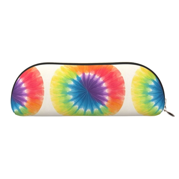 Leather Semi-Circular Storage Bag 7.5×2.6×1.4in Single Pocket Design Semi-Circular Shape Can Be Used As A Storage Pen Makeup Bag Darkorchid Tie Dye Background Rainbow Colors