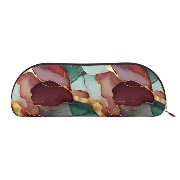 Leather Semi-Circular Storage Bag 7.52.61.4in Single Pocket Design Semi-Circular Shape Can Be Used As A Storage Pen Makeup Bag Deep Reddish-Brown Green Golden Marble