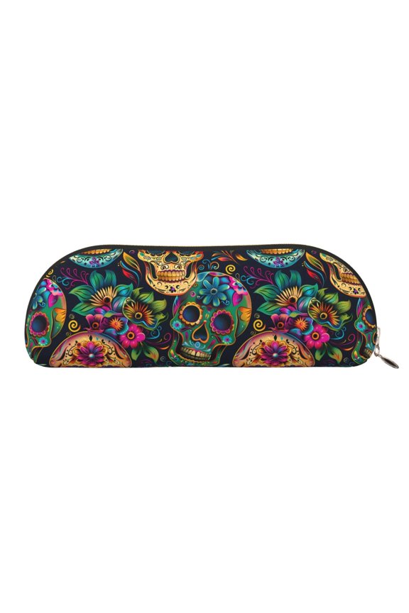 Leather Semi-Circular Storage Bag 7.52.61.4in Single Pocket Design Semi-Circular Shape Can Be Used As A Storage Pen Makeup Bag Festive Sugar Skulls (9)