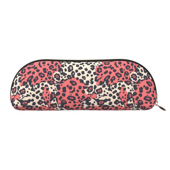 Leather Semi-Circular Storage Bag 7.52.61.4in Single Pocket Design Semi-Circular Shape Can Be Used As A Storage Pen Makeup Bag Leopard Print Pattern Red And Black_4