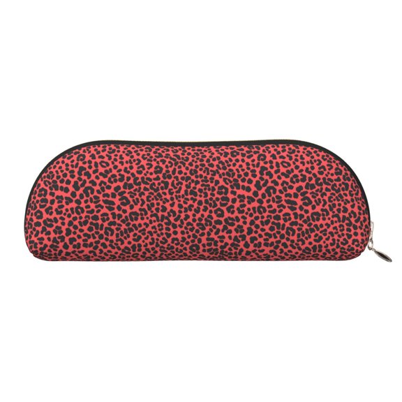 Leather Semi-Circular Storage Bag 7.52.61.4in Single Pocket Design Semi-Circular Shape Can Be Used As A Storage Pen Makeup Bag Leopard Print Pattern Red And Black_1