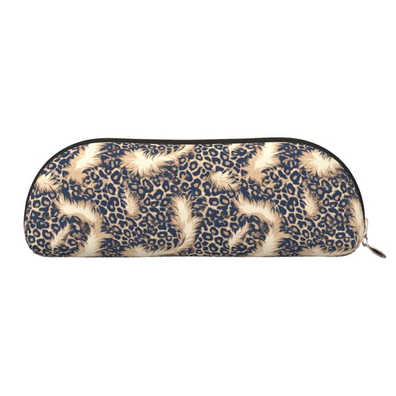 Leather Semi-Circular Storage Bag 7.52.61.4in Single Pocket Design Semi-Circular Shape Can Be Used As A Storage Pen Makeup Bag Leopard Skin Print Style Lightskyblue_1