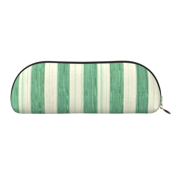 Leather Semi-Circular Storage Bag 7.5×2.6×1.4in Single Pocket Design Semi-Circular Shape Can Be Used As A Storage Pen Makeup Bag Lightgreen Stripe_18292_2