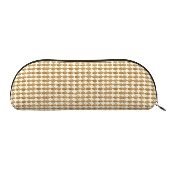 Leather Semi-Circular Storage Bag 7.5×2.6×1.4in Single Pocket Design Semi-Circular Shape Can Be Used As A Storage Pen Makeup Bag Tan Houndstooth Vintage Texture Hand-Drawn Sketch_1