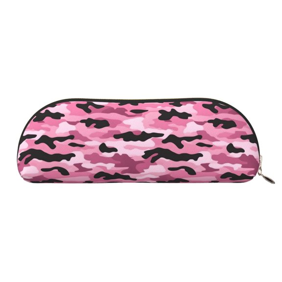 Leather Semi-Circular Storage Bag 7.52.61.4in Single Pocket Design Semi-Circular Shape Can Be Used As A Storage Pen Makeup Bag Texture Military Camouflage Pattern Abstract Pink_2