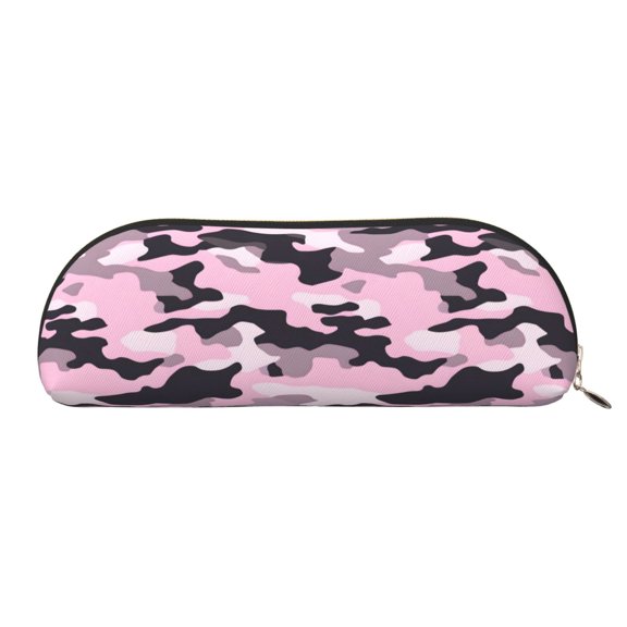 Leather Semi-Circular Storage Bag 7.52.61.4in Single Pocket Design Semi-Circular Shape Can Be Used As A Storage Pen Makeup Bag Texture Military Camouflage Pattern Abstract Pink_4