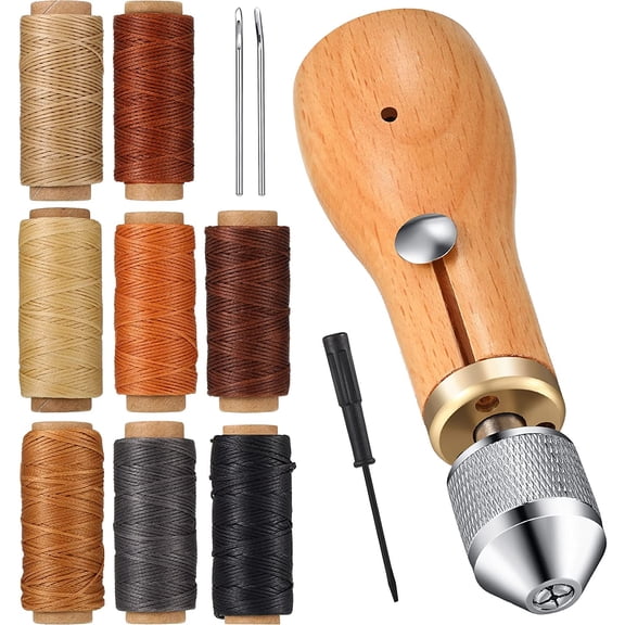 Leather Sewing Awl Thread Kit, 12 PCS Portable Sewing Awl Kit, Wood Handle Stitching Awl, Manual Sewing Awl with Needles & Waxed Thread, Hand Stitcher Repair Tool for Leather, Heavy Fabrics, Canvas