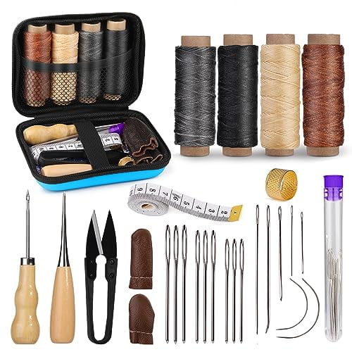 Leather Sewing Kit,Leather Stitching Kit with Sewing Awl,Needles,Waxed Thread,Upholstery Repair Kit,Heavy Duty Sewing Tools for Hand Stitching Car Seats,Sofa,Carpets,Shoes,DIY Craft