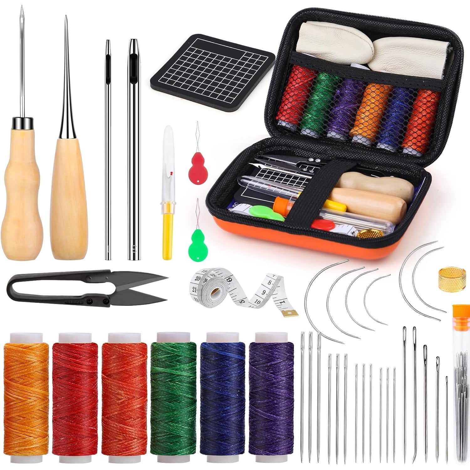 Leather Sewing Kit, Leather Stitching Kit with Sewing Awl, Needles, Waxed Thread, Upholstery Repair Kit, Heavy Duty Sewing Tools for Hand Stitching Car Seats, Sofa, Carpets, Shoes, DIY Craft