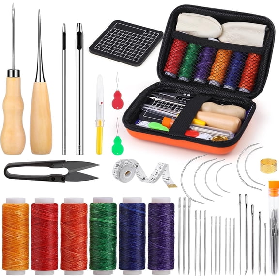 Leather Sewing Kit, Leather Stitching Kit with Sewing Awl, Needles, Waxed Thread, Upholstery Repair Kit, Heavy Duty Sewing Tools for Hand Stitching Car Seats, Sofa, Carpets, Shoes, DIY Craft