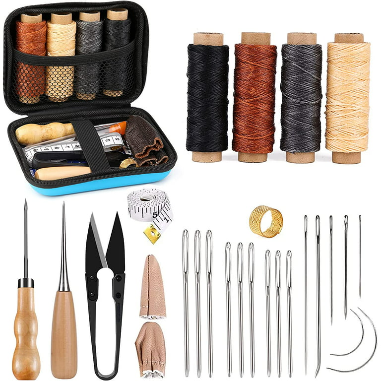 WHDZ 52pcs Leather Sewing Tools Kit DIY Leather Craft Tools Hand Stitching Tool Set, Prong Punch, Leather Stamping Tools, Wax Ropes Needles for