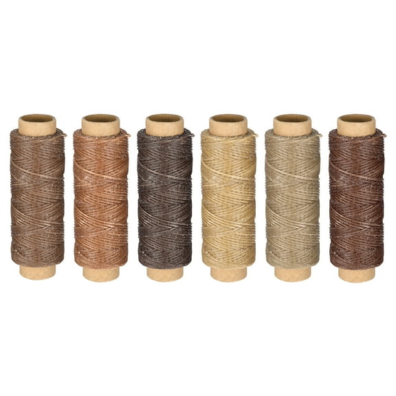 Leather Sewing Thread Set 55 Yards 150D/1mm Polyester Flat Wax Cord for Hand Stitching, Craft DIY, (Wooden Colors, 6Pcs)