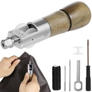 Leather Sewing Awl Kit, Hand Stitcher Tool with Wooden Handle, 2 Sizes Straight Needles, Black Waxed Thread, Bobbin, Wrench and Screwdriver for Leather Craft and Heavy Fabric Repair