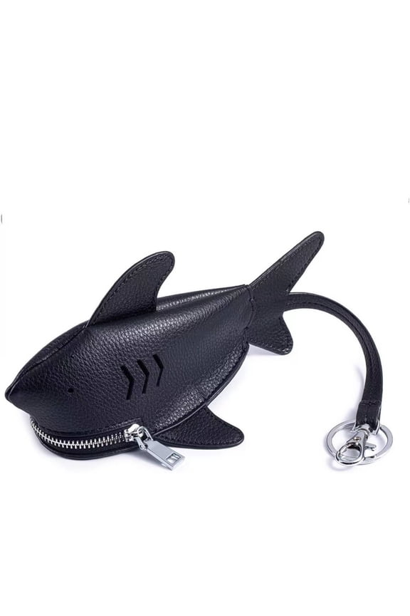 Leather Shark Key Pouch – Cute Shark Shape Car Key Bag with Keyring, Lanyard and Zipper Coin Purse, Unique Cartoon Animal Gift(Black,C)