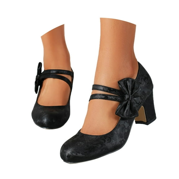 Leather Shoes for Women Elegant Classic Round Toe High Heel with Floral Embossed Pattern for Casual Fashion Outfits Flock 40 Size