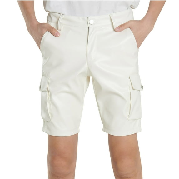 Leather Shorts for Men Trendy Fashion Loose Faux Leather Cargo Short Pants with Pockets Punk Retro Outdoors Gothic Casual Shorts Solid Color Pants Size S-4XL