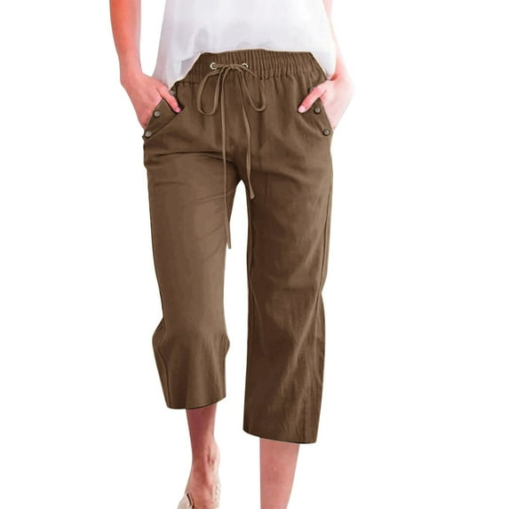 Leather Shorts for Women Summer Solid Color Linen Blend Capri Pants Breathable Thin Loose Casual Shorts with Pockets Trousers Pants for Women Brown XXXL