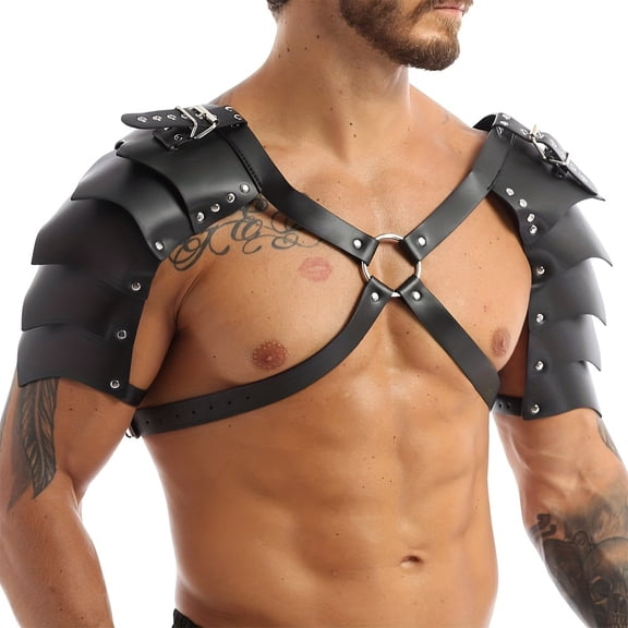 Leather Shoulder Armor, Harness Black Gladiator, Medieval Viking Leather Warrior Shoulder Armor Halloween Knight Pauldron Body Chest Harness Guard for Larp Ren Faire, Black One Size