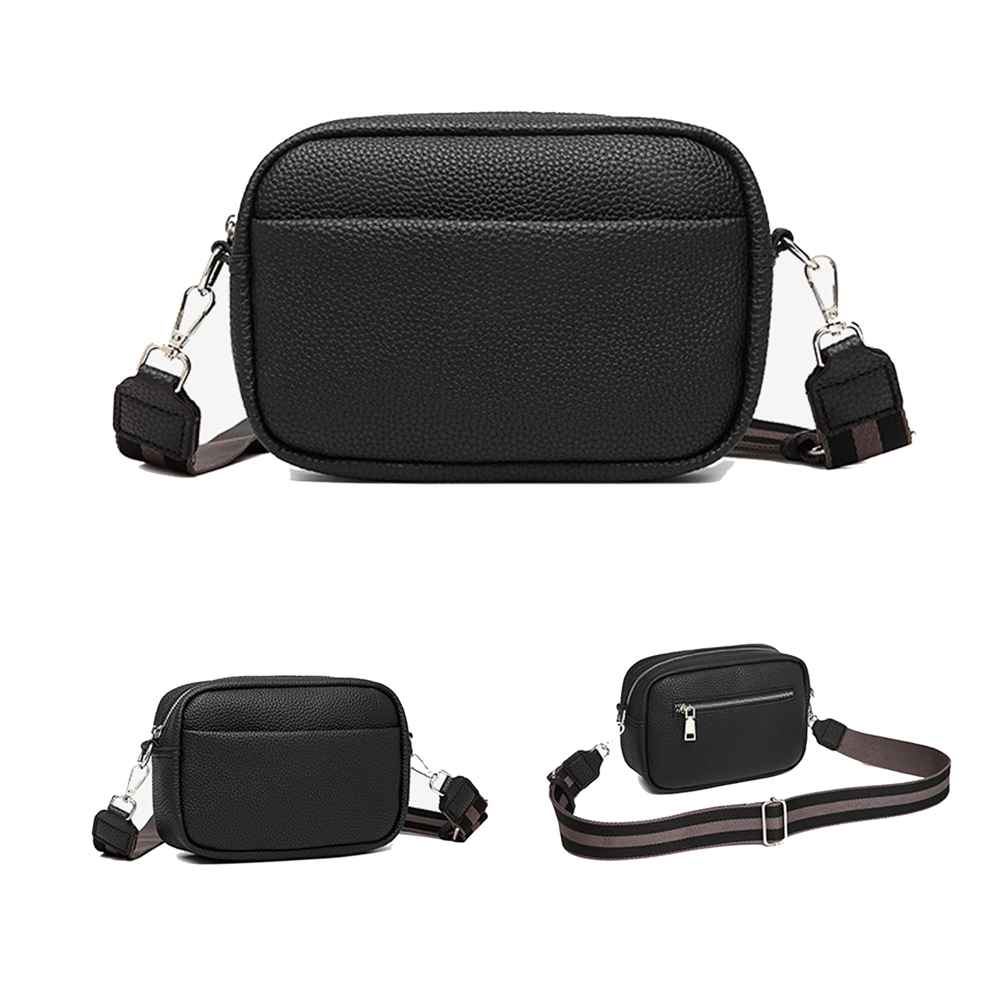 Leather Shoulder Crossbody Bags for Women Wide Fabric Strap Ladies Handbags Black