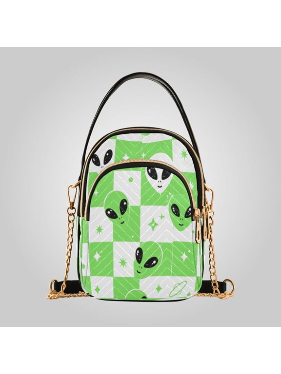 Leather Shoulder Handbag Crossbody Bag Alien Space Checkered Pattern