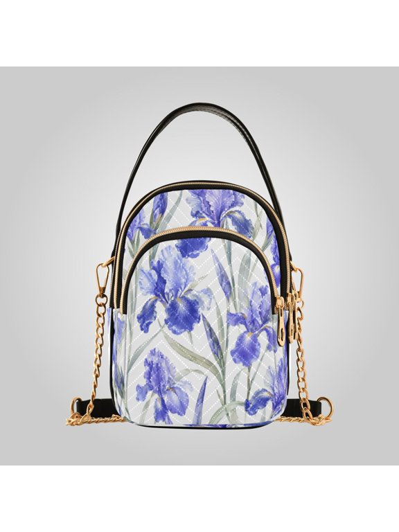 Leather Shoulder Handbag Crossbody Bag Blue Iris Floral Pattern