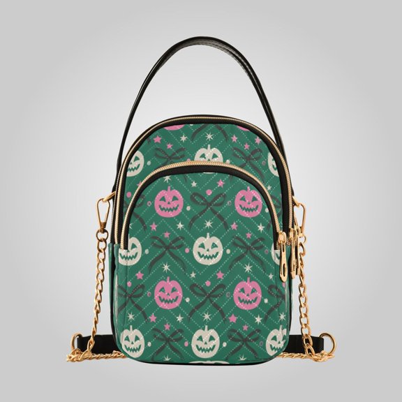 Leather Shoulder Handbag Crossbody Bag Green Halloween Pumpkin Bow Pattern