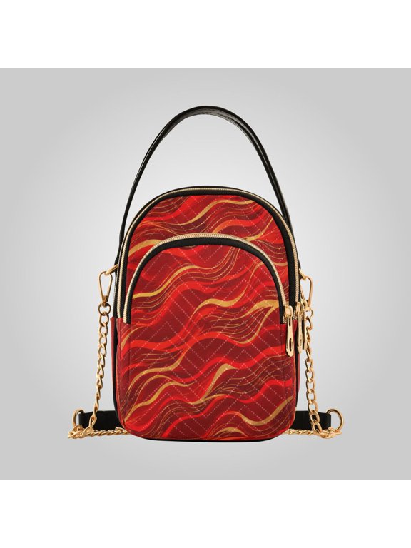 Leather Shoulder Handbag Crossbody Bag Luxury Red Gold Wave Pattern