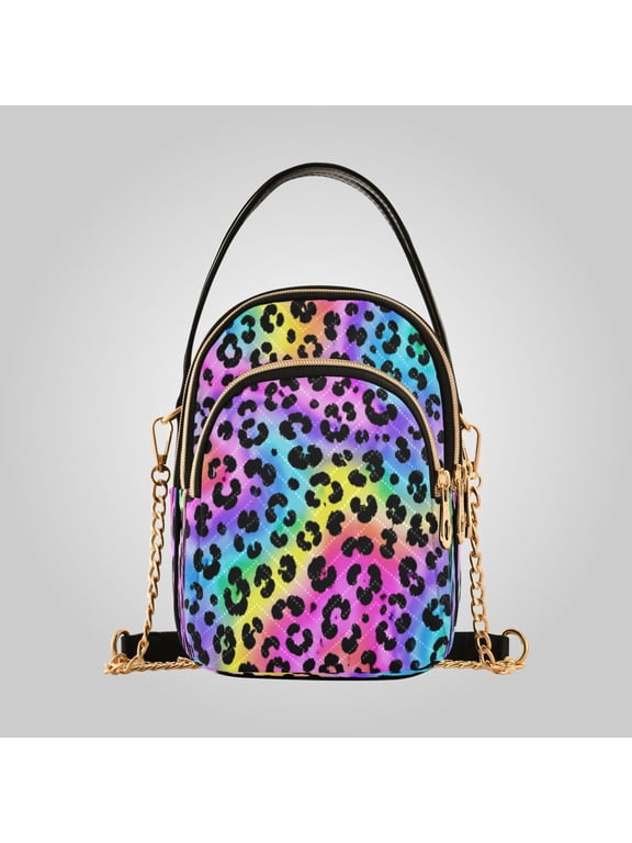 Leather Shoulder Handbag Crossbody Bag Playful Rainbow Leopard Print