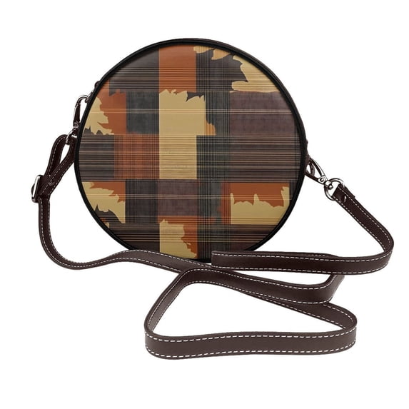 Leather Shoulder Round Bag 7.1×2.36in Fashion Casual Crossbody Bag Shoulder Bag For Work Travel Business Shopping Date Plaid Fall Camo Brown_1