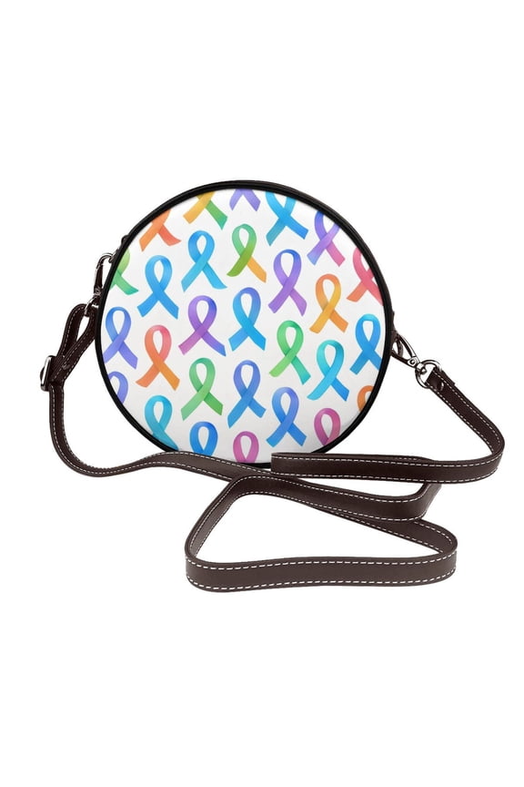 Leather Shoulder Round Bag 7.12.36in Fashion Casual Crossbody Bag Shoulder Bag For Work Travel Business Shopping Date Cancer Awareness Ribbon Pattern - Ombr Flow
