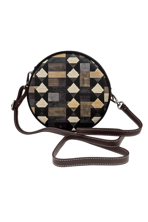 Leather Shoulder Round Bag 7.12.36in Fashion Casual Crossbody Bag Shoulder Bag For Work Travel Business Shopping Date Darkvoilet Houndstooth Checkered_2