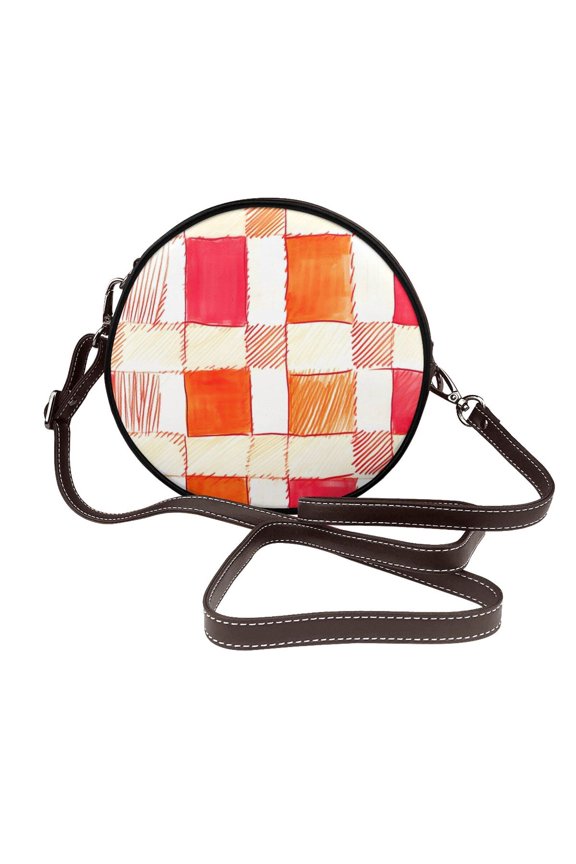 Leather Shoulder Round Bag 7.12.36in Fashion Casual Crossbody Bag Shoulder Bag For Work Travel Business Shopping Date Orangered Houndstooth Checkered Hand-Drawn Sketch_4