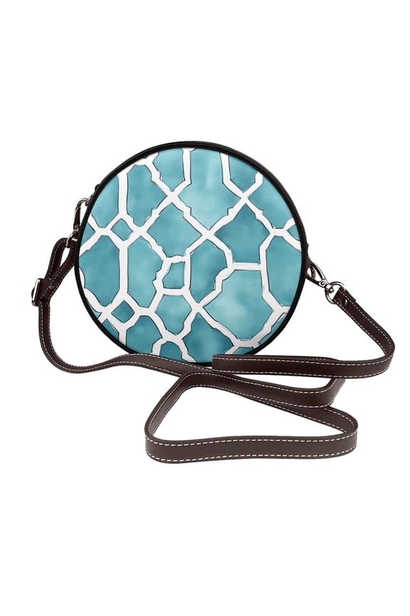 Leather Shoulder Round Bag 7.12.36in Fashion Casual Crossbody Bag Shoulder Bag For Work Travel Business Shopping Date Turquoise Moroccan Trellis Hand-Drawn Sketch_62922_1