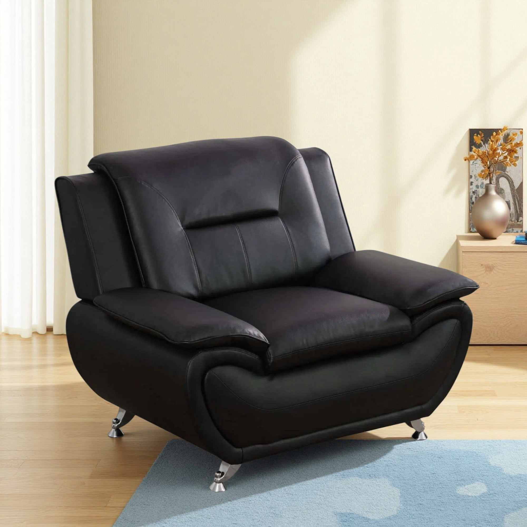 Leather Single Sofa Chair, Modern Accent Chair Comfy Sofa Couch Curved Armchair&nbsp;for Living Room, Bedroom, Black