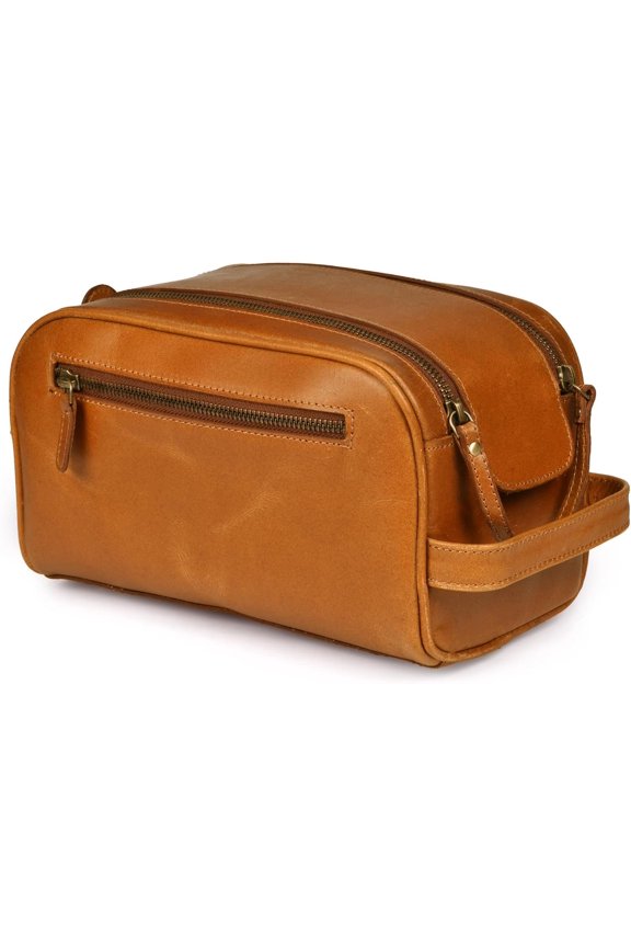 Leather Size Toiletry Travel Pouch - Handcrafted Dopp Kit Bag with Lining, Spacious Design for Travel Essentials, Elegant Tan Finish