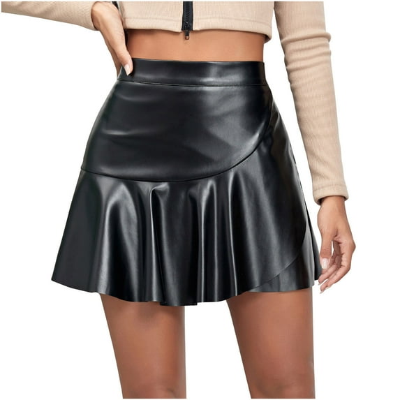 Leather Skirt for Women Stretchy High Waisted Ruffle Irregular Casual A Line Mini Skirts
