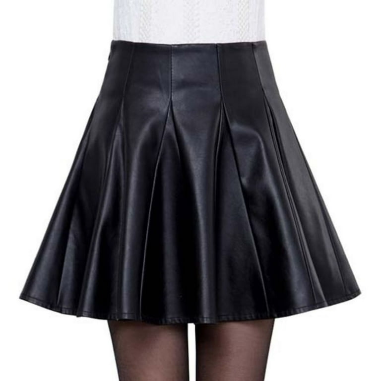 Women's Casual Flare Pleated PU Leather Mini Skater Skirts Black Plus Size  A-line High Waist Short Skirts 