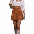 thumbnail image 1 of Leather Skirts for Women High Waisted PU Leather Shorts Elastic Waist Ruched Wrap Skirt Brown S, 1 of 7