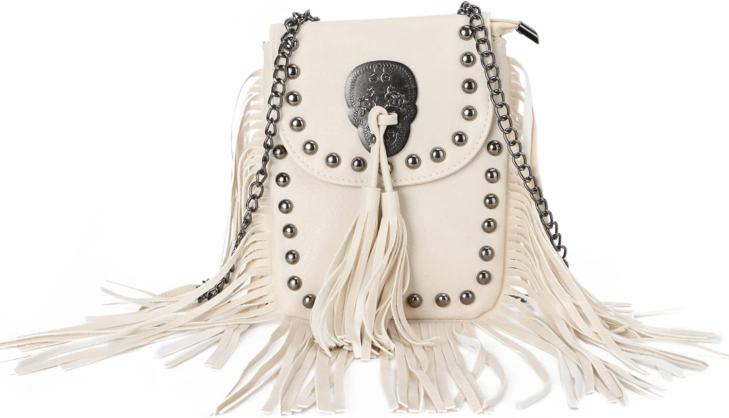 Leather Skull Fringe Purses for Women Black Tassel Shoulder Crossbody Bag Unique Gothic Punk Satchel Handbag