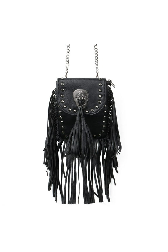 Leather Skull Fringe Purses for Women Black Tassel Shoulder Crossbody Bag Unique Gothic Punk Satchel Handbag