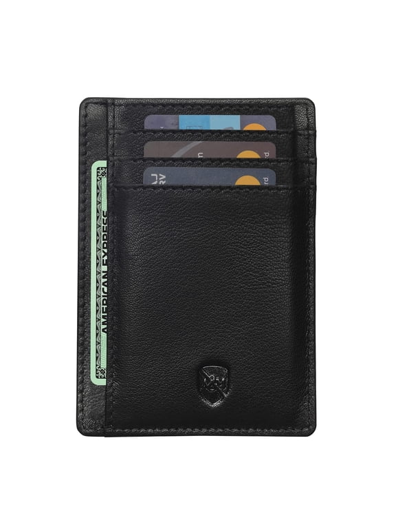 Allen & Mate Slim Leather Front Pocket Wallet with ID Window, RFID Blocking Card Holder with Gift Box for Men & Women (Black)